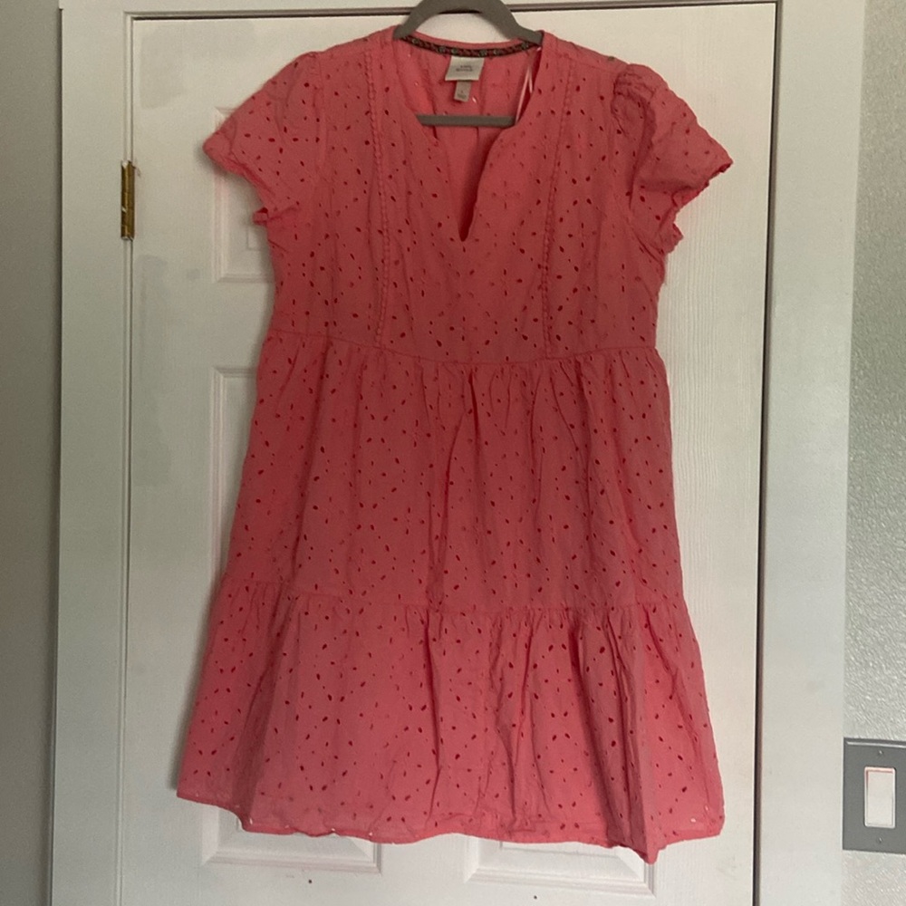 Knox Rose Eyelet Pink Cotton V Neck Short Sleeve Dress Lined women’s size L